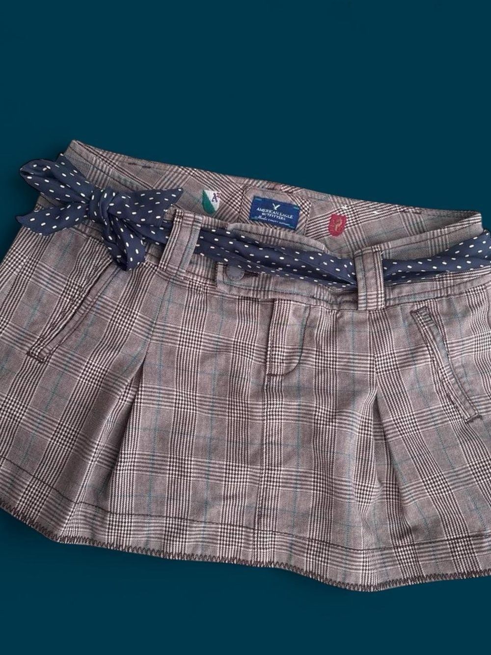 Y2K Plaid Pleated Women's mini skirt with Navy Polka Dot Belt